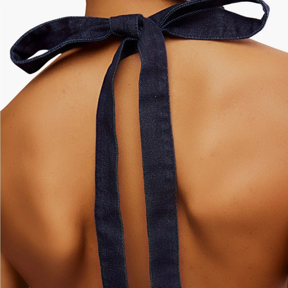 NWT FREE PEOPLE TREVI denim Navy Halter Backless Mini Dress L - Picture 2 of 10